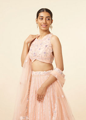 alt message - Mohey Women Peach Pink Net Floral Patterned Lehenga image number 1