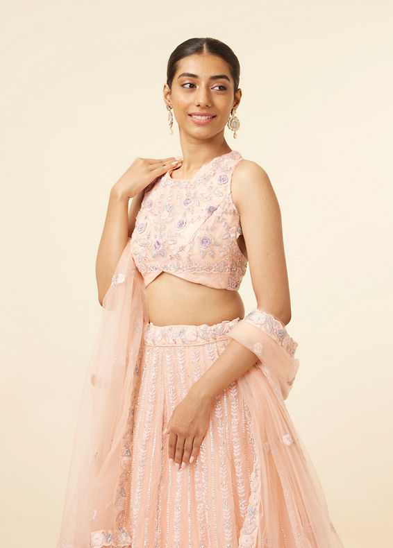 Mohey Women Peach Pink Net Floral Patterned Lehenga