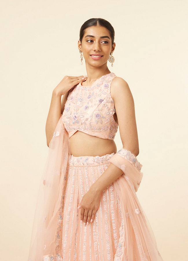 Mohey Women Peach Pink Net Floral Patterned Lehenga