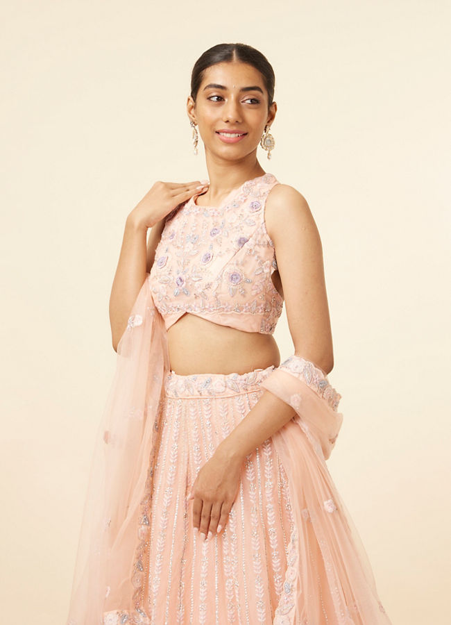 alt message - Mohey Women Peach Pink Net Floral Patterned Lehenga image number 1