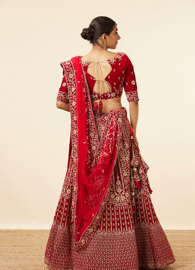 Mohey Women Red Velvet Stone Work Zari Bridal Lehenga