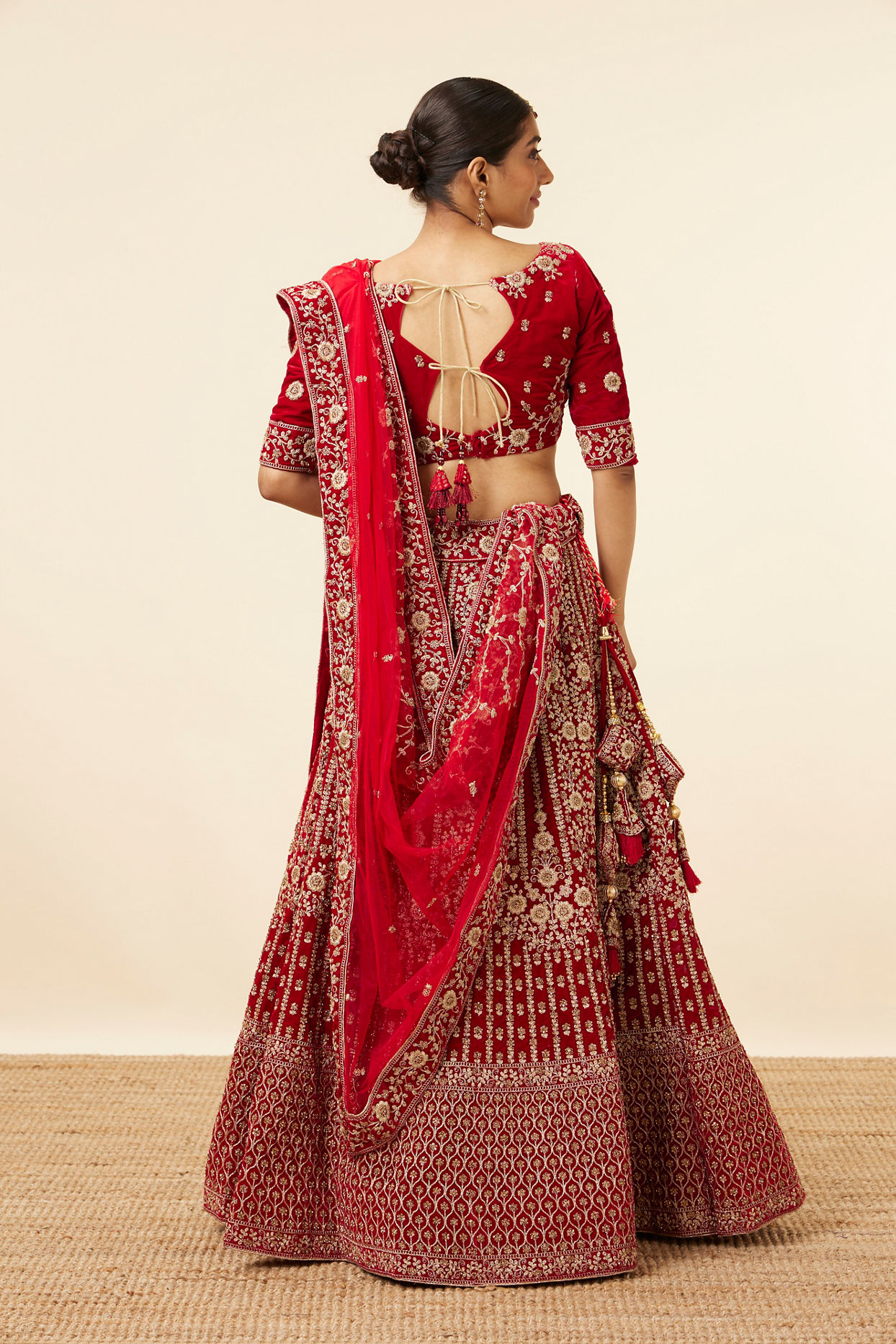 Mohey Women Red Velvet Stone Work Zari Bridal Lehenga