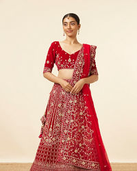 Mohey Women Red Velvet Stone Work Zari Bridal Lehenga