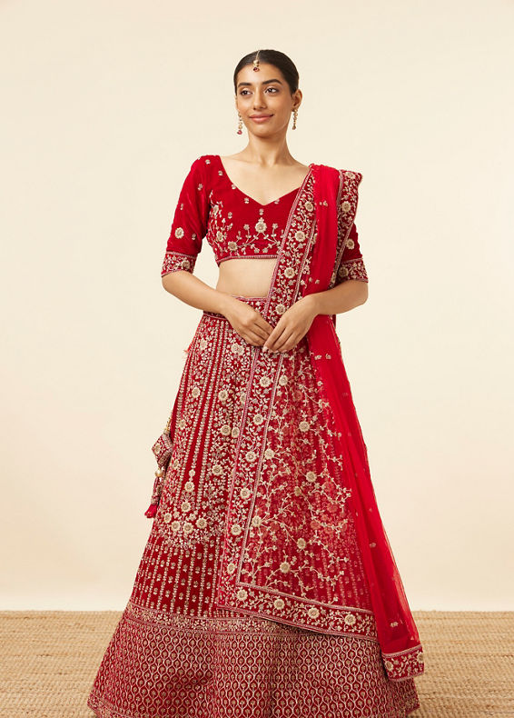 Mohey Women Red Velvet Stone Work Zari Bridal Lehenga