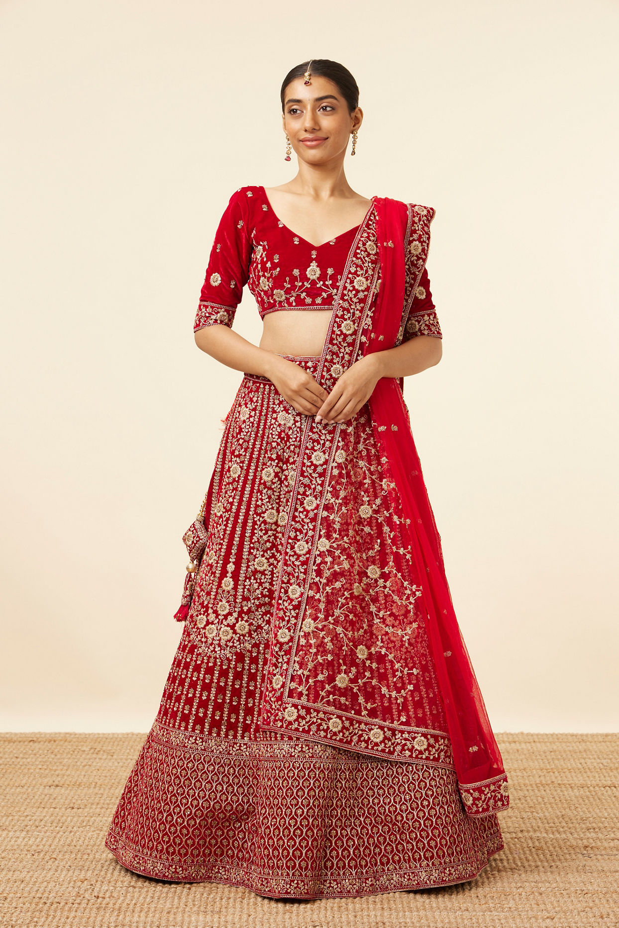 Mohey Women Red Velvet Stone Work Zari Bridal Lehenga