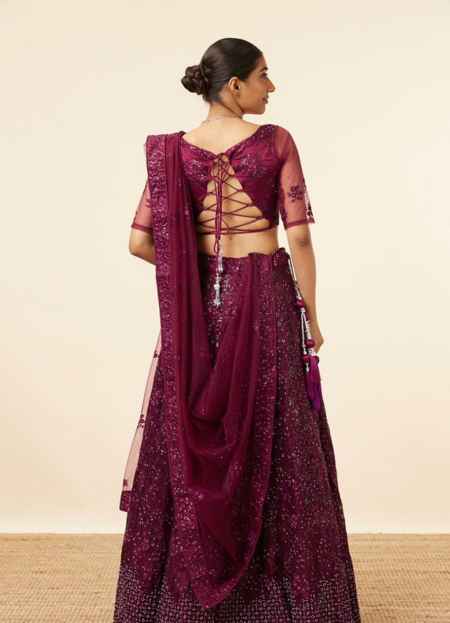 Wine Metallic Sequined Lehenga image number 3