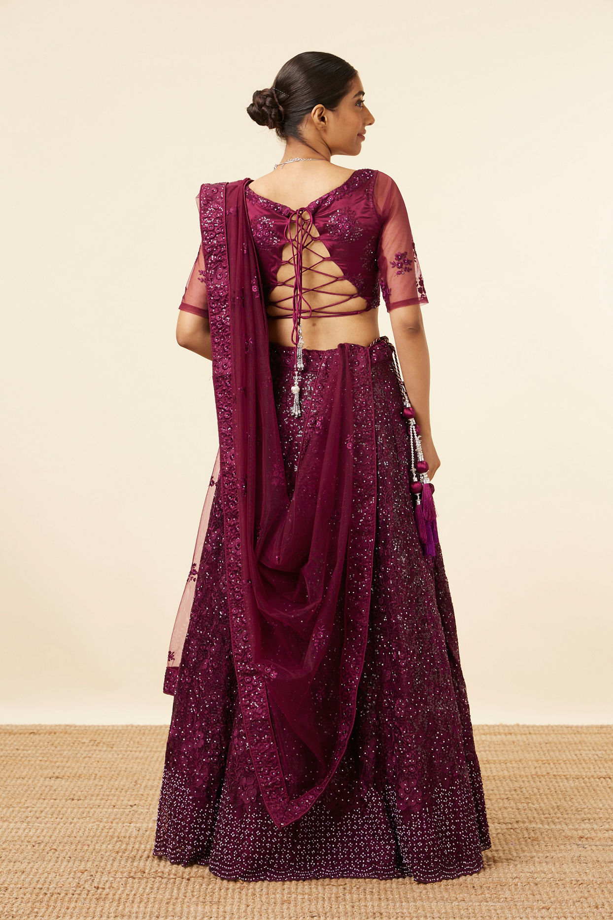 Wine Metallic Sequined Lehenga image number 3