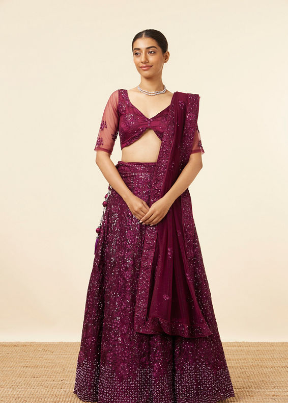 Mohey Women Wine Metallic Sequined Lehenga