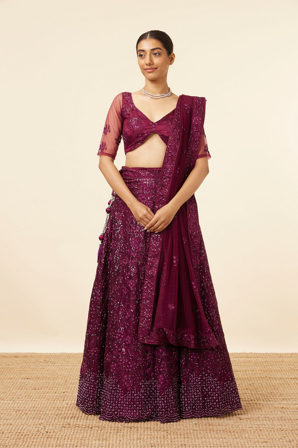 Mohey Women Wine Metallic Sequined Lehenga