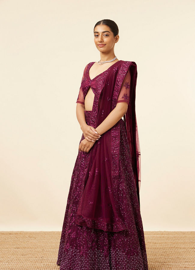 Wine Metallic Sequined Lehenga image number 2