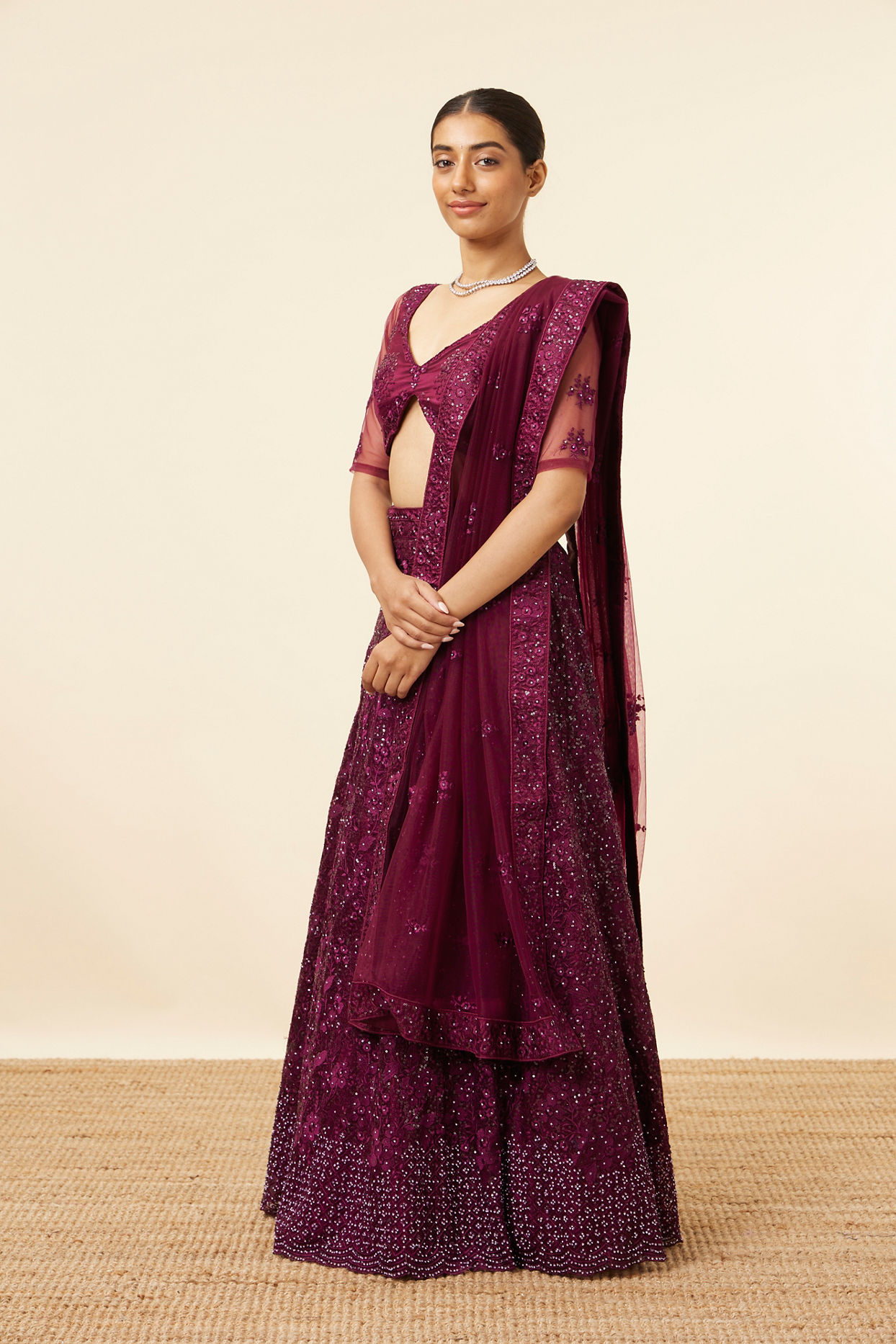 Wine Metallic Sequined Lehenga image number 2