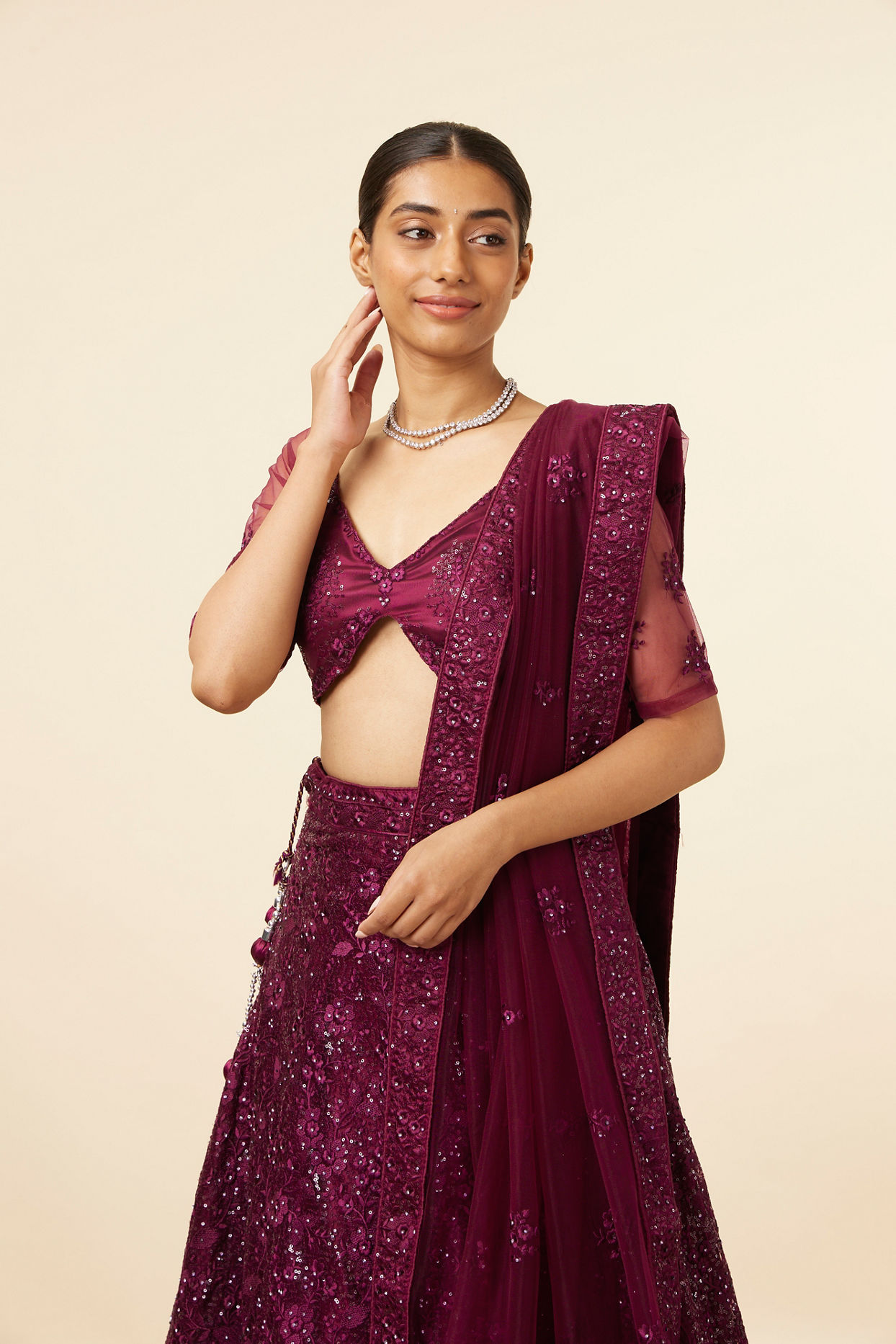 Mohey Women Wine Metallic Sequined Lehenga