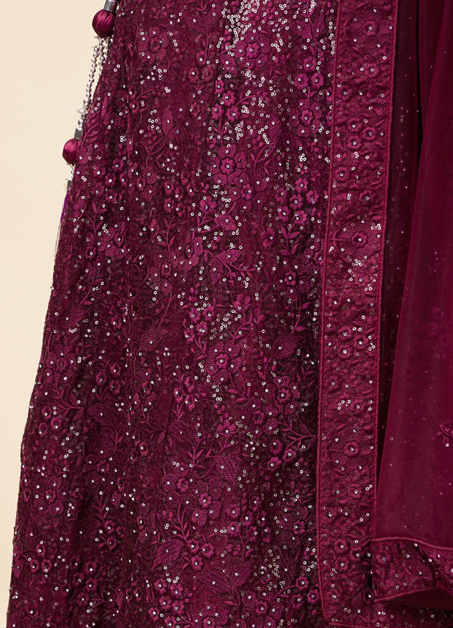 Wine Metallic Sequined Lehenga image number 4