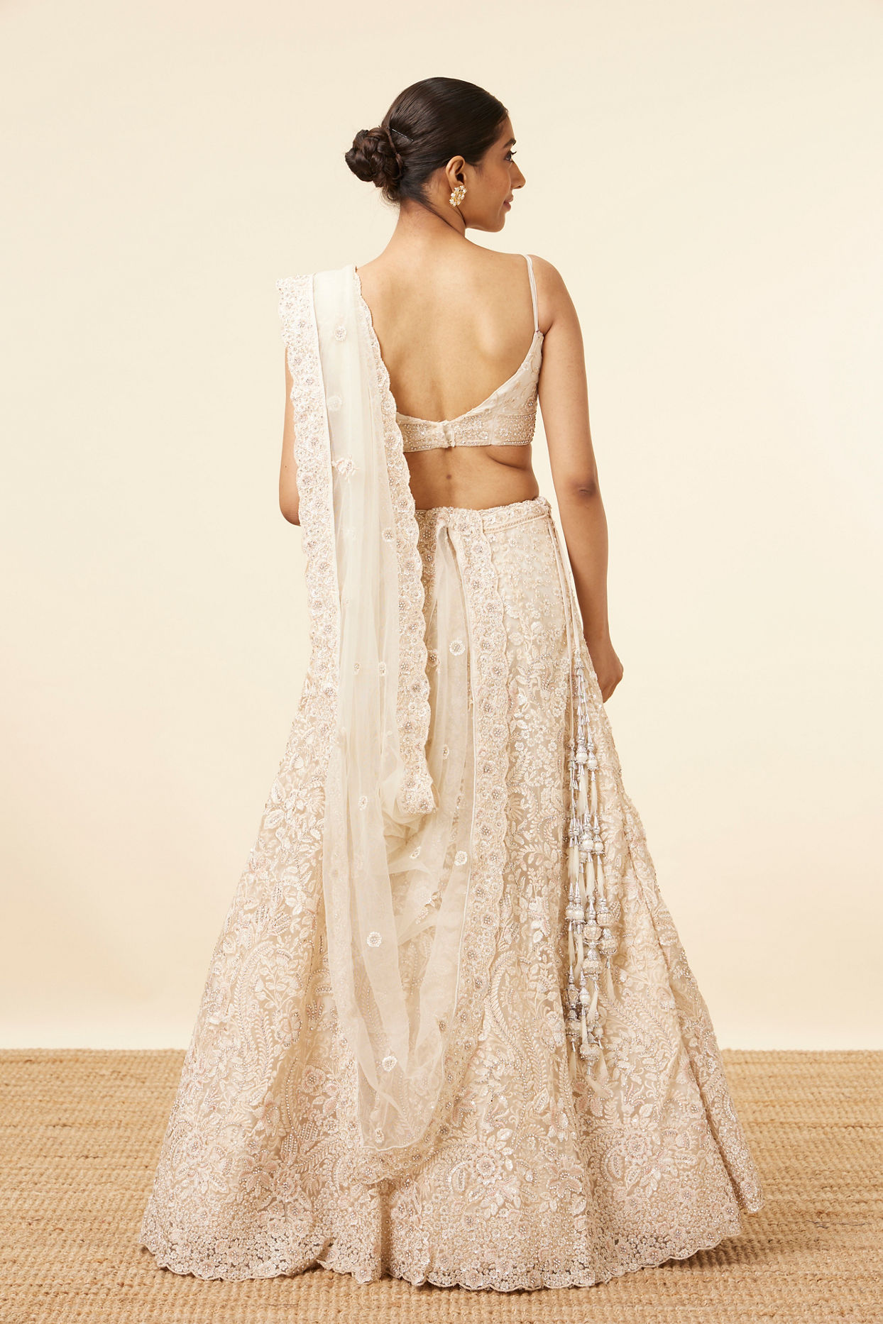 Mohey Women Dark Cream Bel Buti Patterned Bridal Lehenga