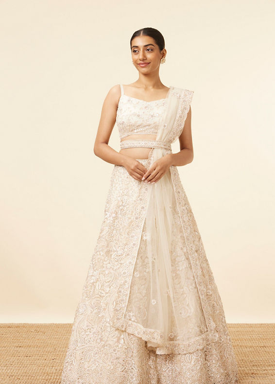 Mohey Women Dark Cream Bel Buti Patterned Bridal Lehenga