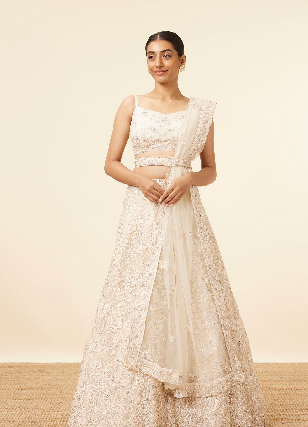 Mohey Women Dark Cream Bel Buti Patterned Bridal Lehenga