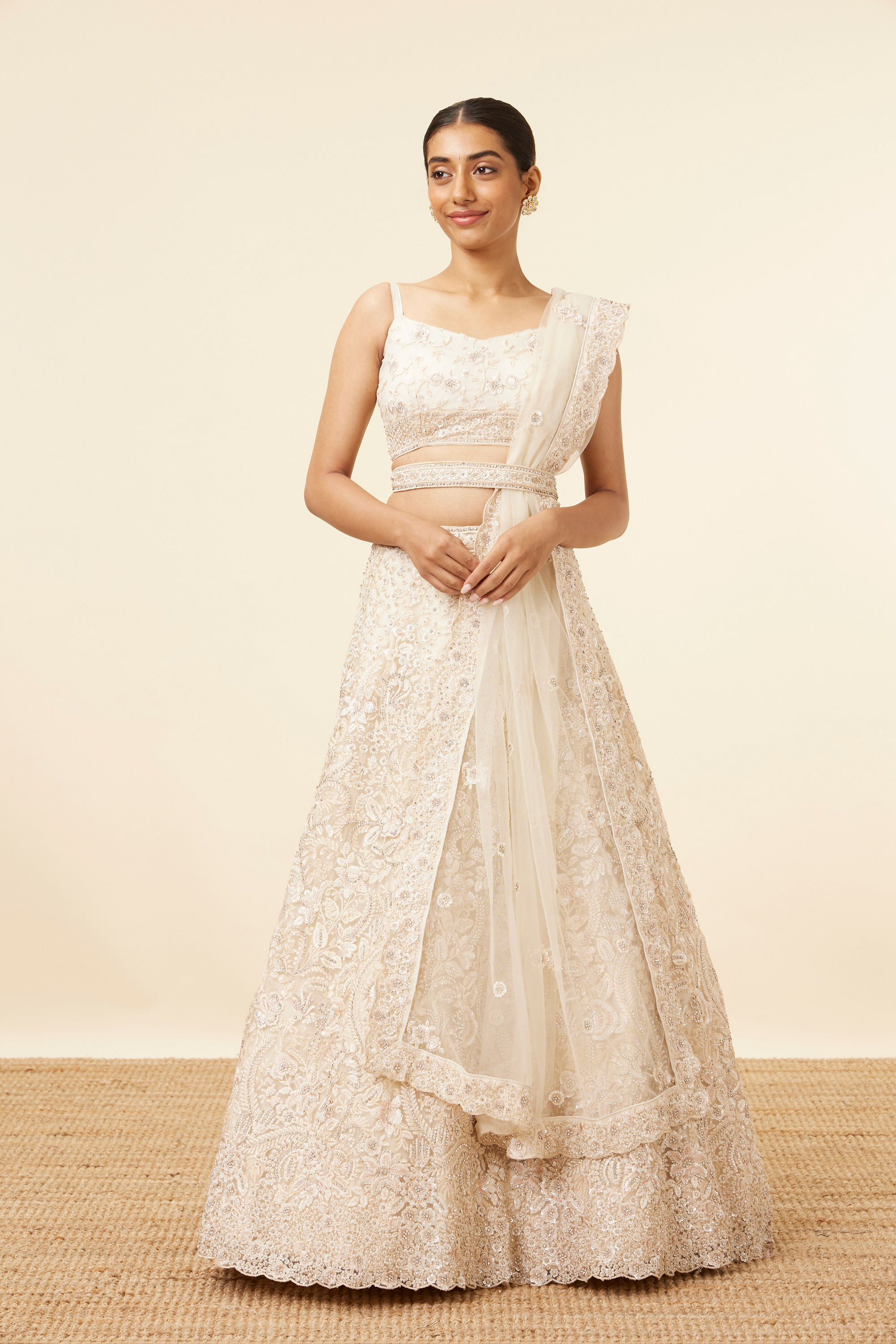 Mohey Women Dark Cream Bel Buti Patterned Bridal Lehenga
