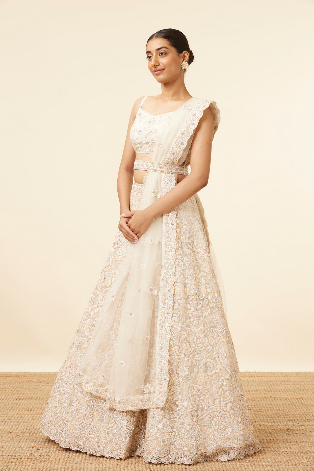Mohey Women Dark Cream Bel Buti Patterned Bridal Lehenga
