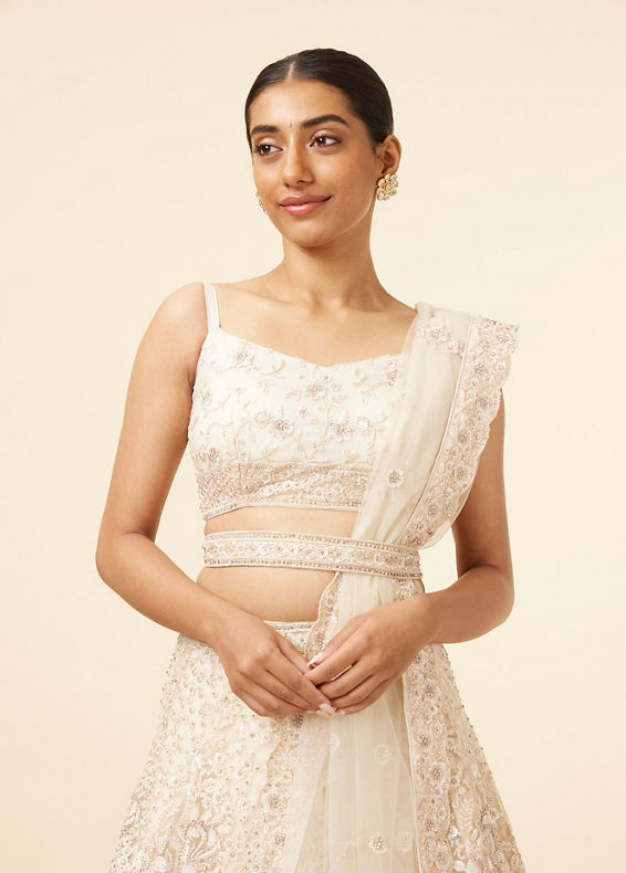 Mohey Women Dark Cream Bel Buti Patterned Bridal Lehenga