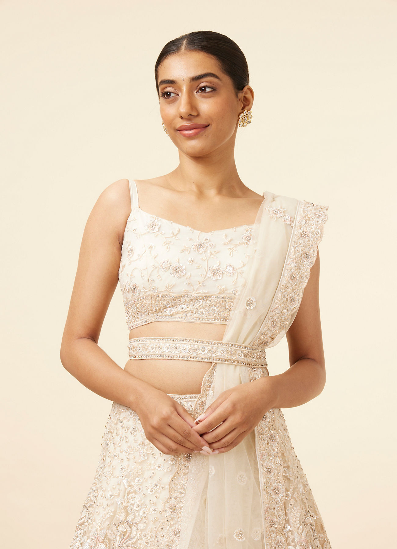 Mohey Women Dark Cream Bel Buti Patterned Bridal Lehenga