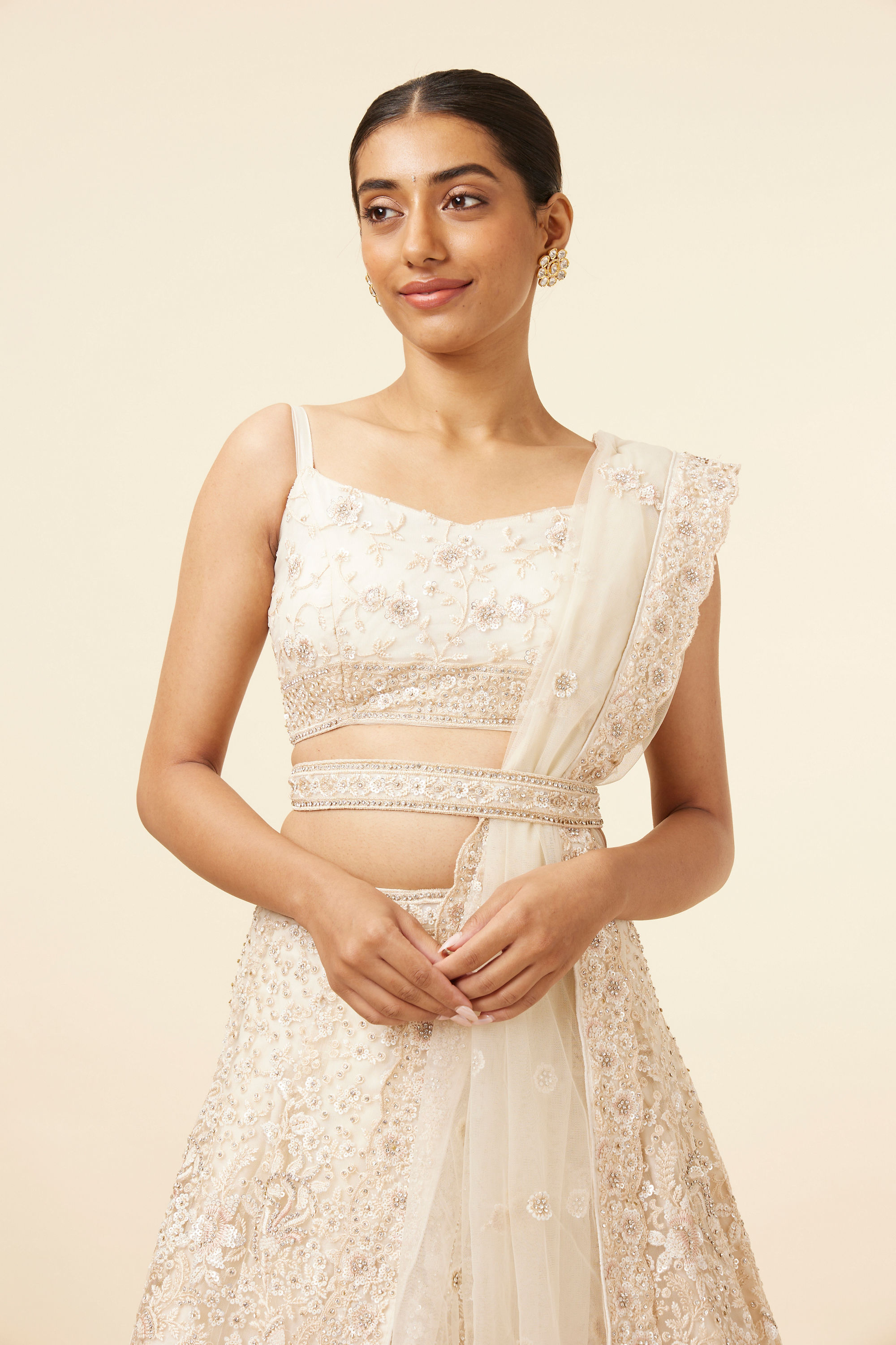 Mohey Women Dark Cream Bel Buti Patterned Bridal Lehenga