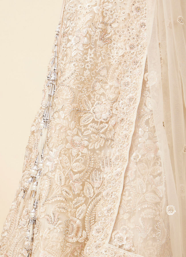 Mohey Women Dark Cream Bel Buti Patterned Bridal Lehenga