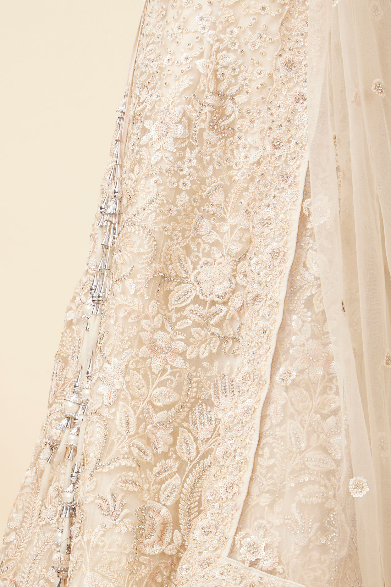 Mohey Women Dark Cream Bel Buti Patterned Bridal Lehenga