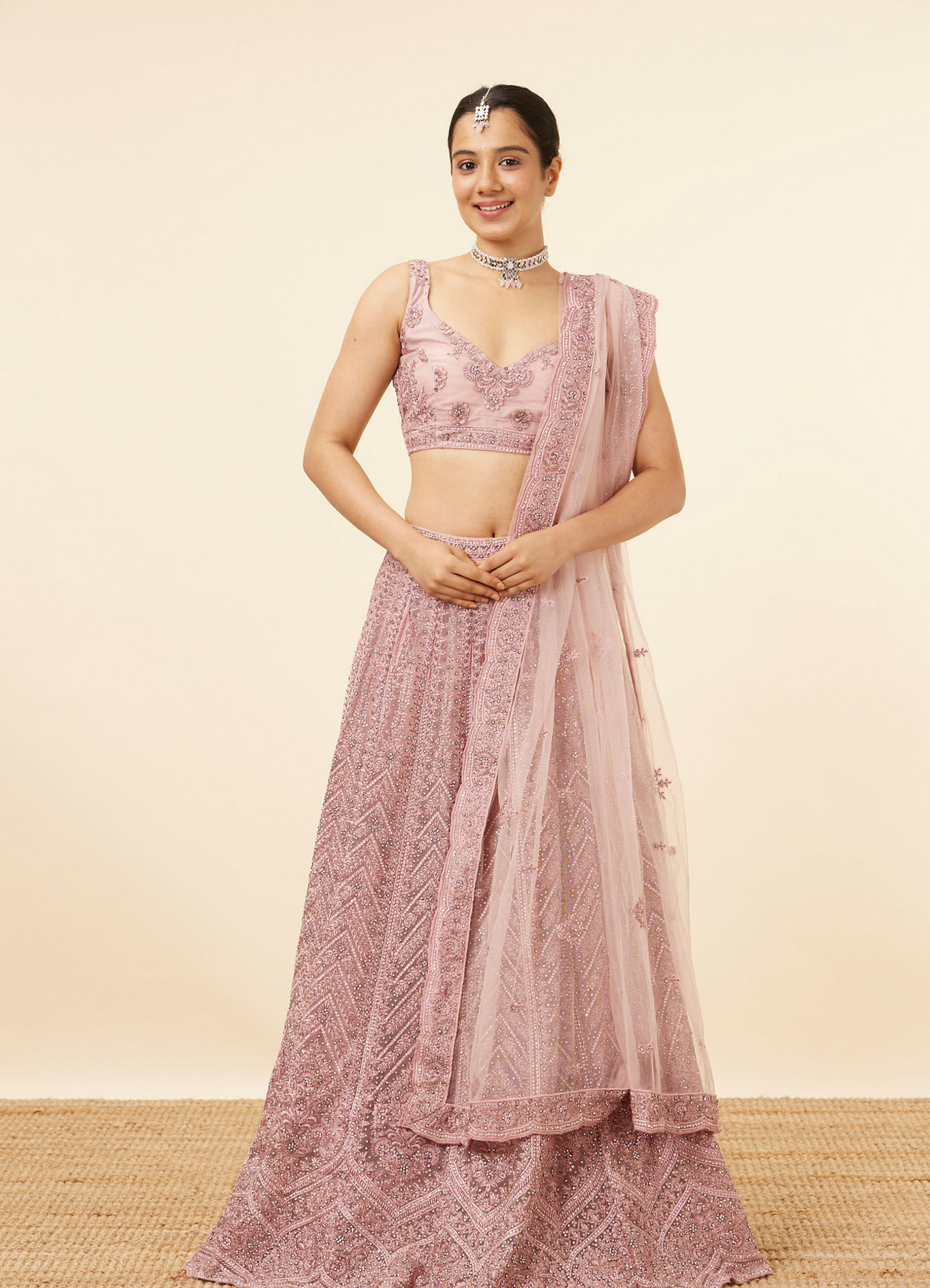 Mohey Women Purple Net Mirror Work Bridal Lehenga