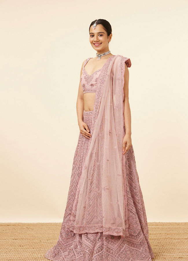 Mohey Women Purple Net Mirror Work Bridal Lehenga