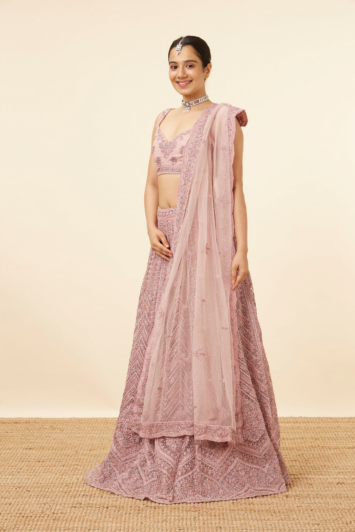 Mohey Women Purple Net Mirror Work Bridal Lehenga