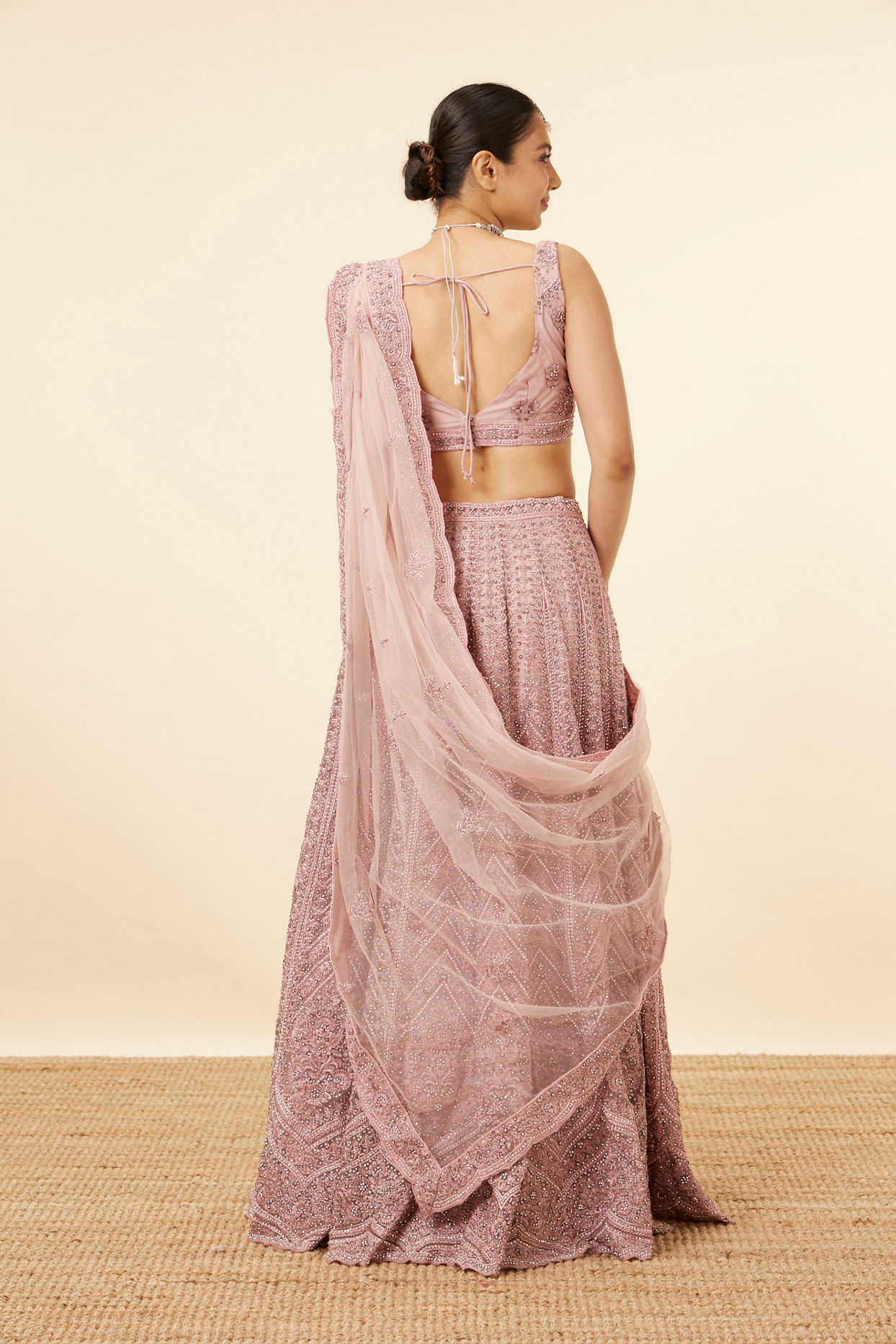 Mohey Women Purple Net Mirror Work Bridal Lehenga