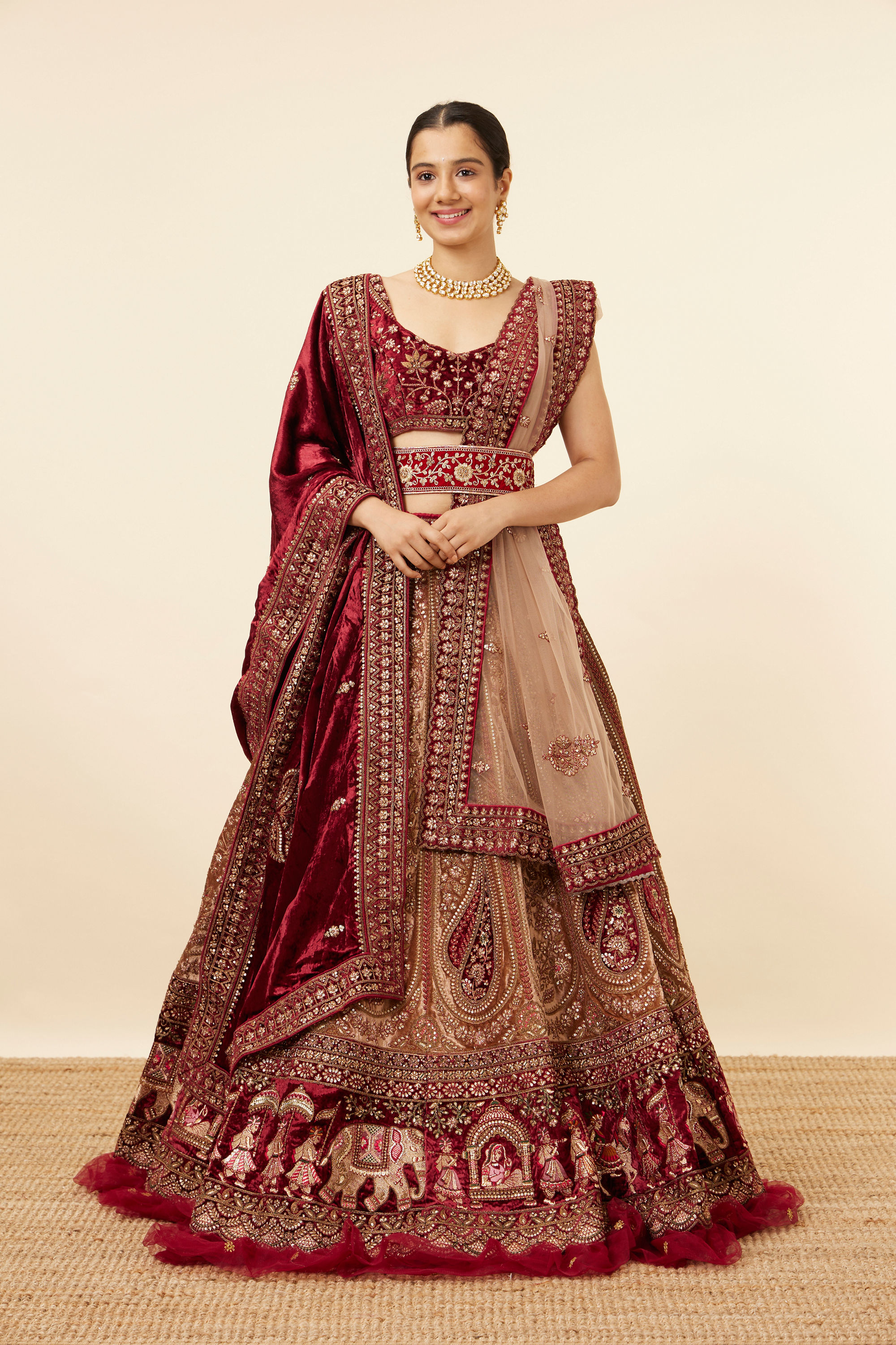 Mohey Women Fawn Velvet Bridal Lehenga