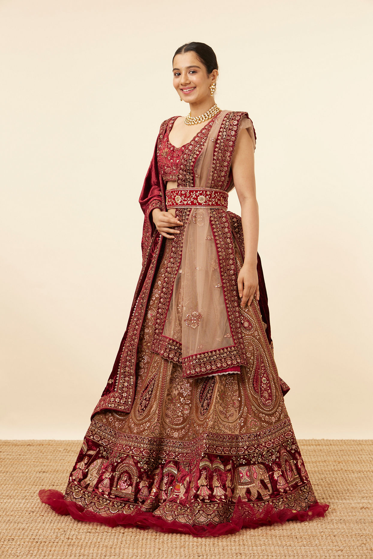 Buy Fawn Velvet Bridal Lehenga Online in Canada @Mohey - Mohey for