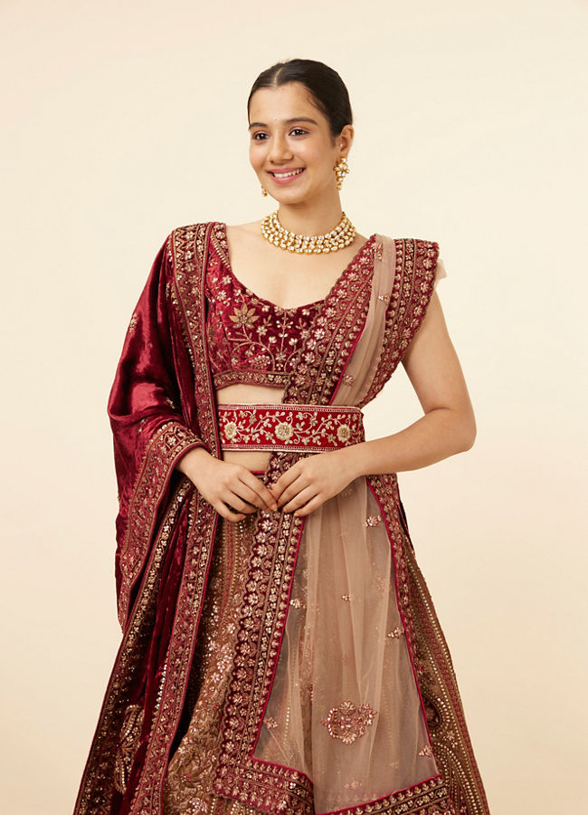 Fawn Velvet Bridal Lehenga image number 1