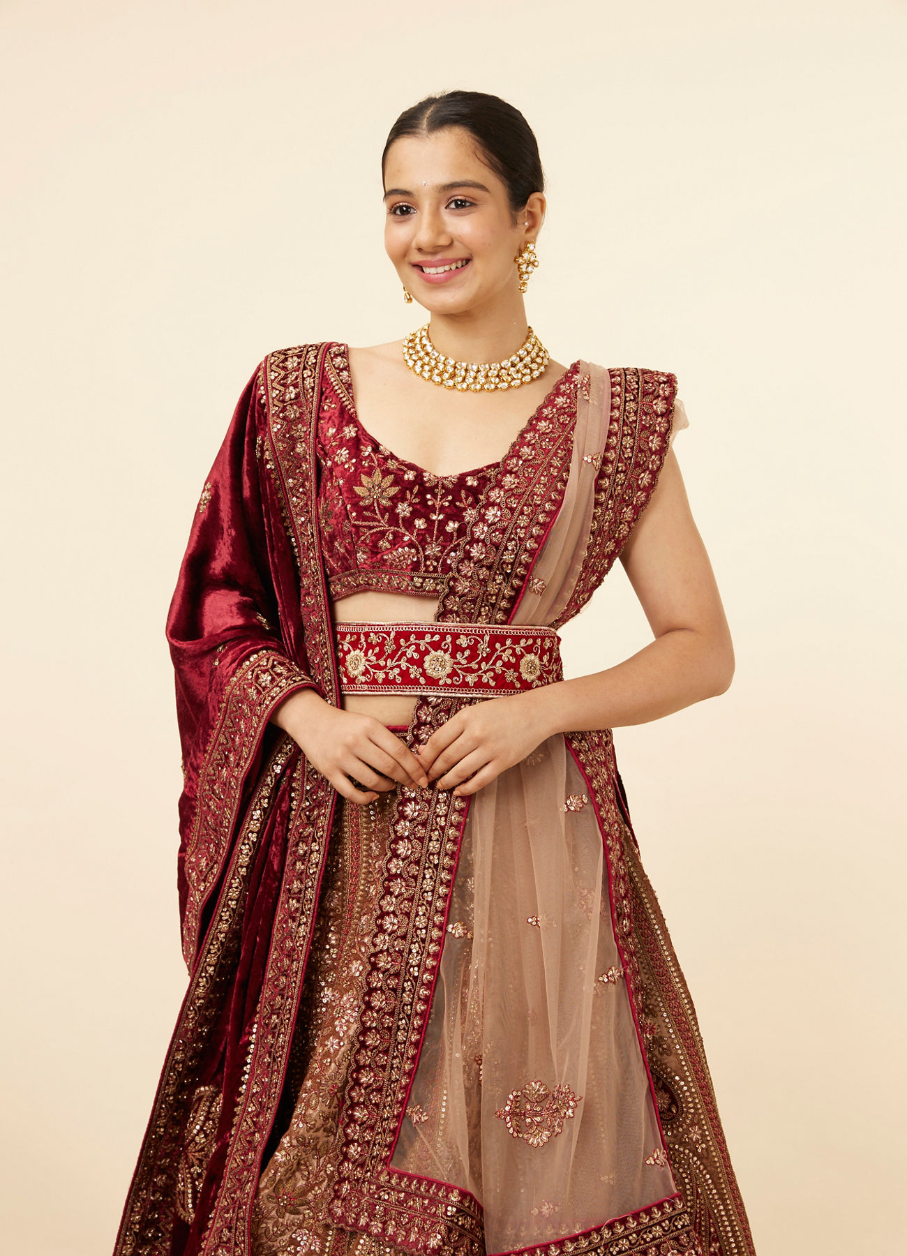 Mohey Women Fawn Velvet Bridal Lehenga