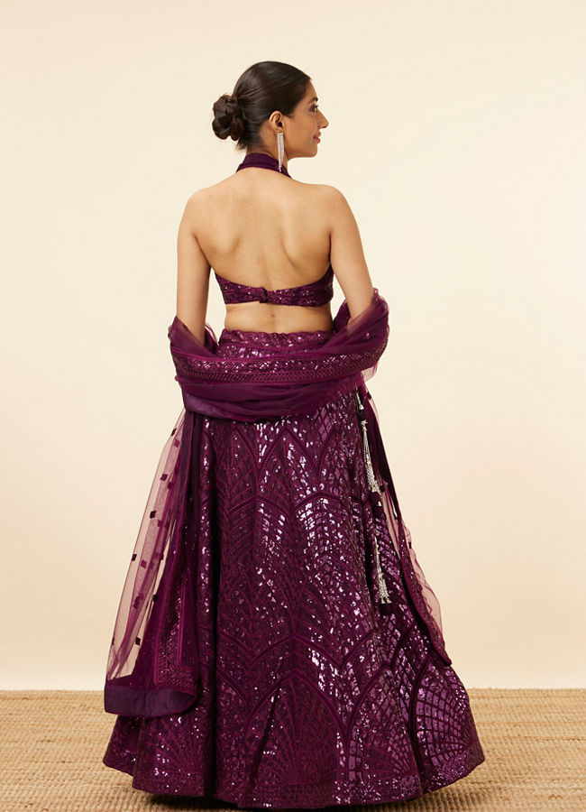 alt message - Mohey Women Wine Sequined Cocktail Lehenga image number 3