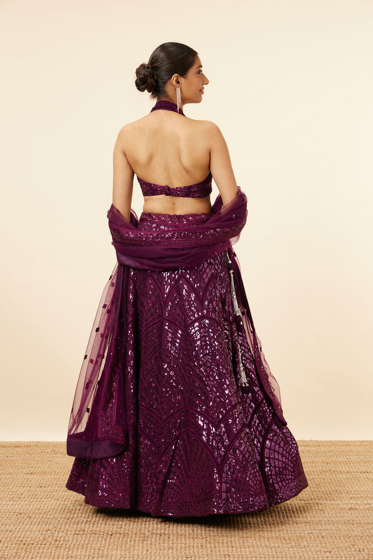 alt message - Mohey Women Wine Sequined Cocktail Lehenga image number 3