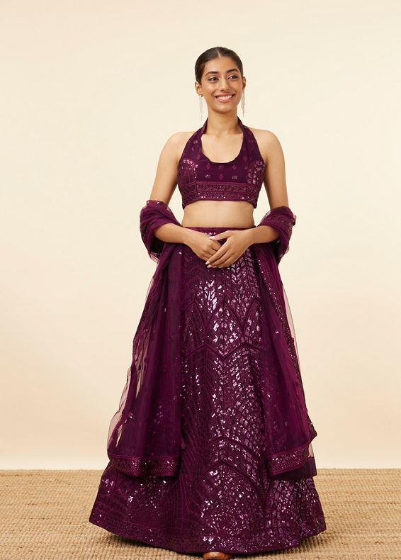 Mohey Women Wine Sequined Cocktail Lehenga