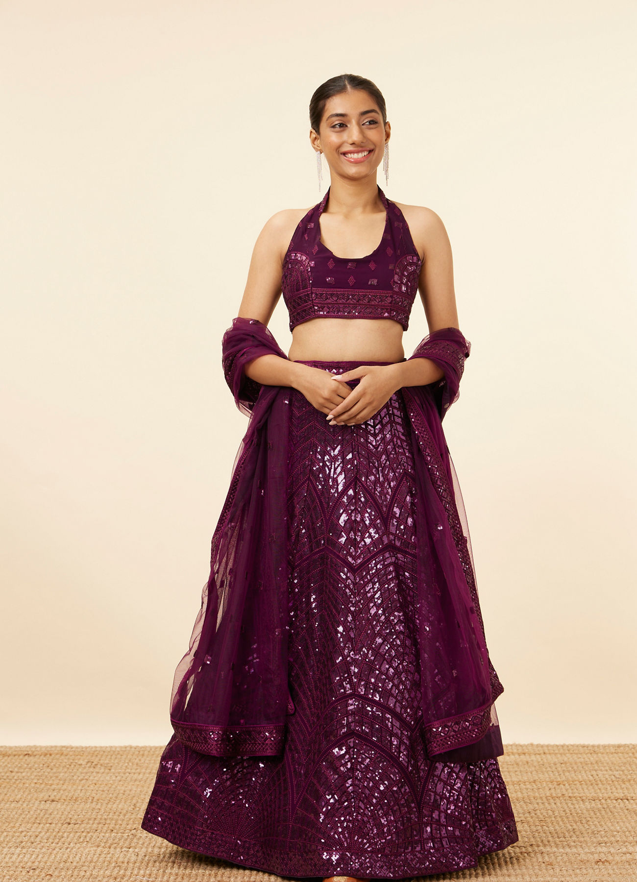 Mohey Women Wine Sequined Cocktail Lehenga