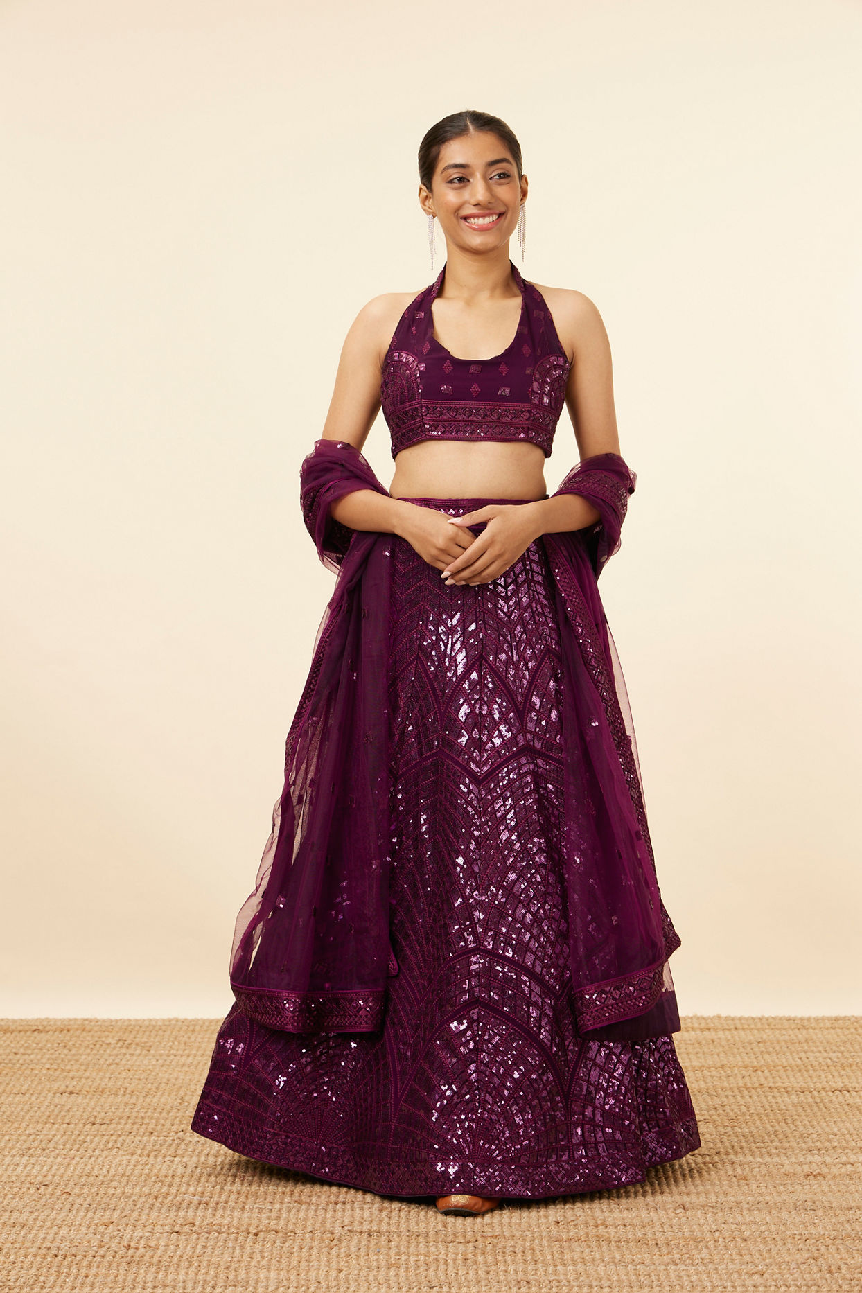 alt message - Mohey Women Wine Sequined Cocktail Lehenga image number 0