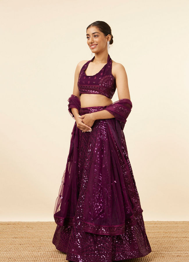 alt message - Mohey Women Wine Sequined Cocktail Lehenga image number 2