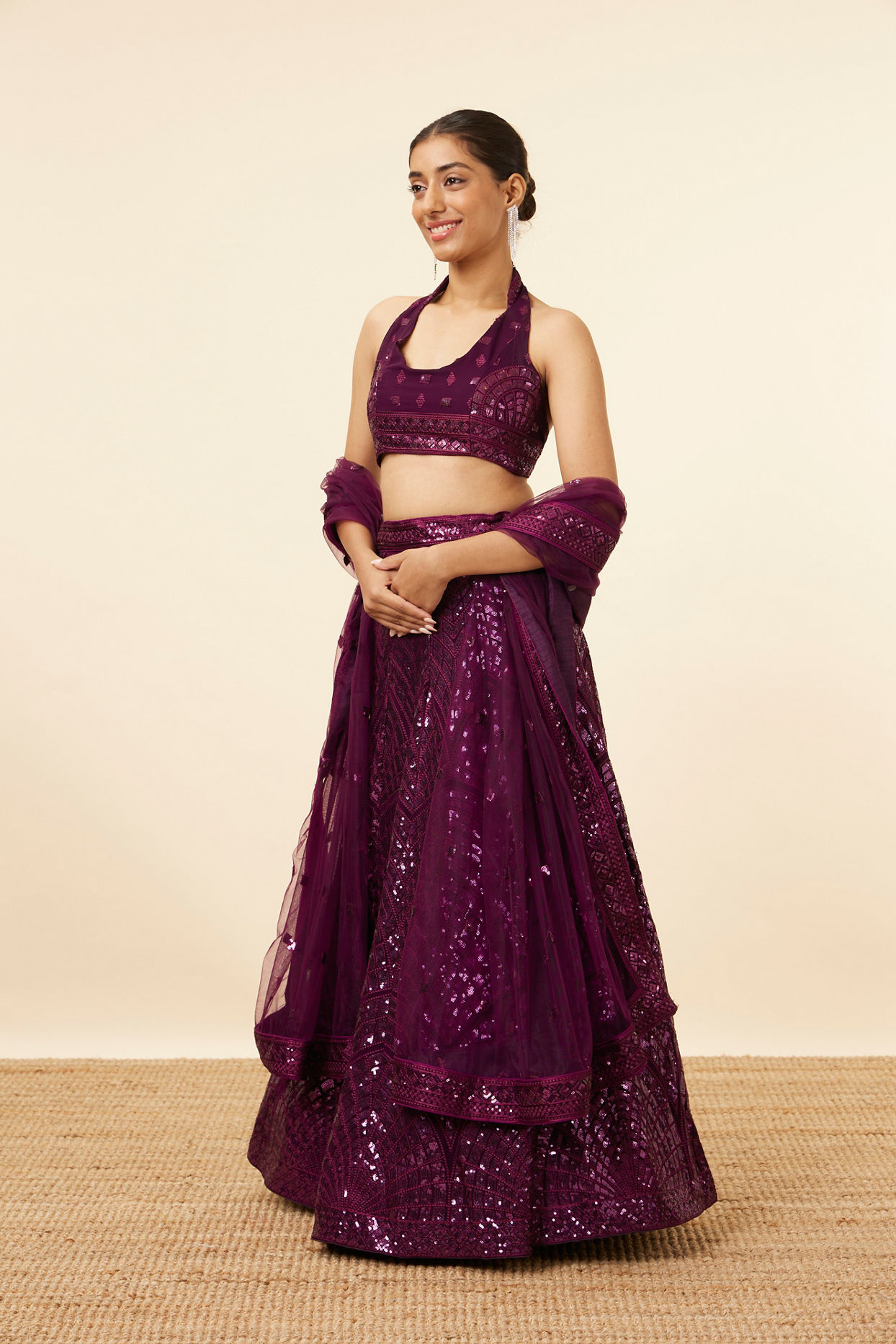 alt message - Mohey Women Wine Sequined Cocktail Lehenga image number 2