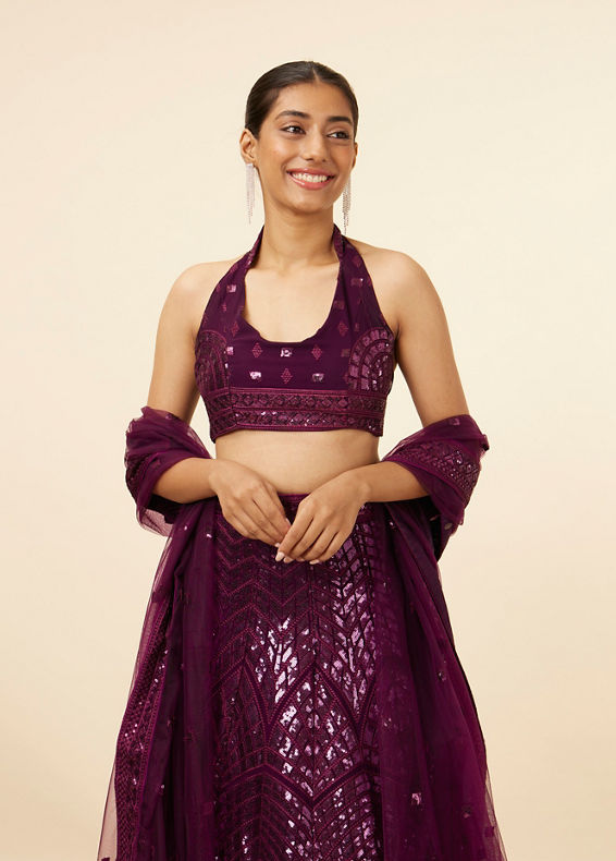 Mohey Women Wine Sequined Cocktail Lehenga