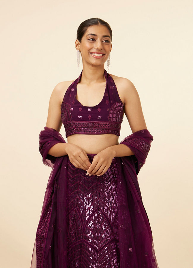 alt message - Mohey Women Wine Sequined Cocktail Lehenga image number 1