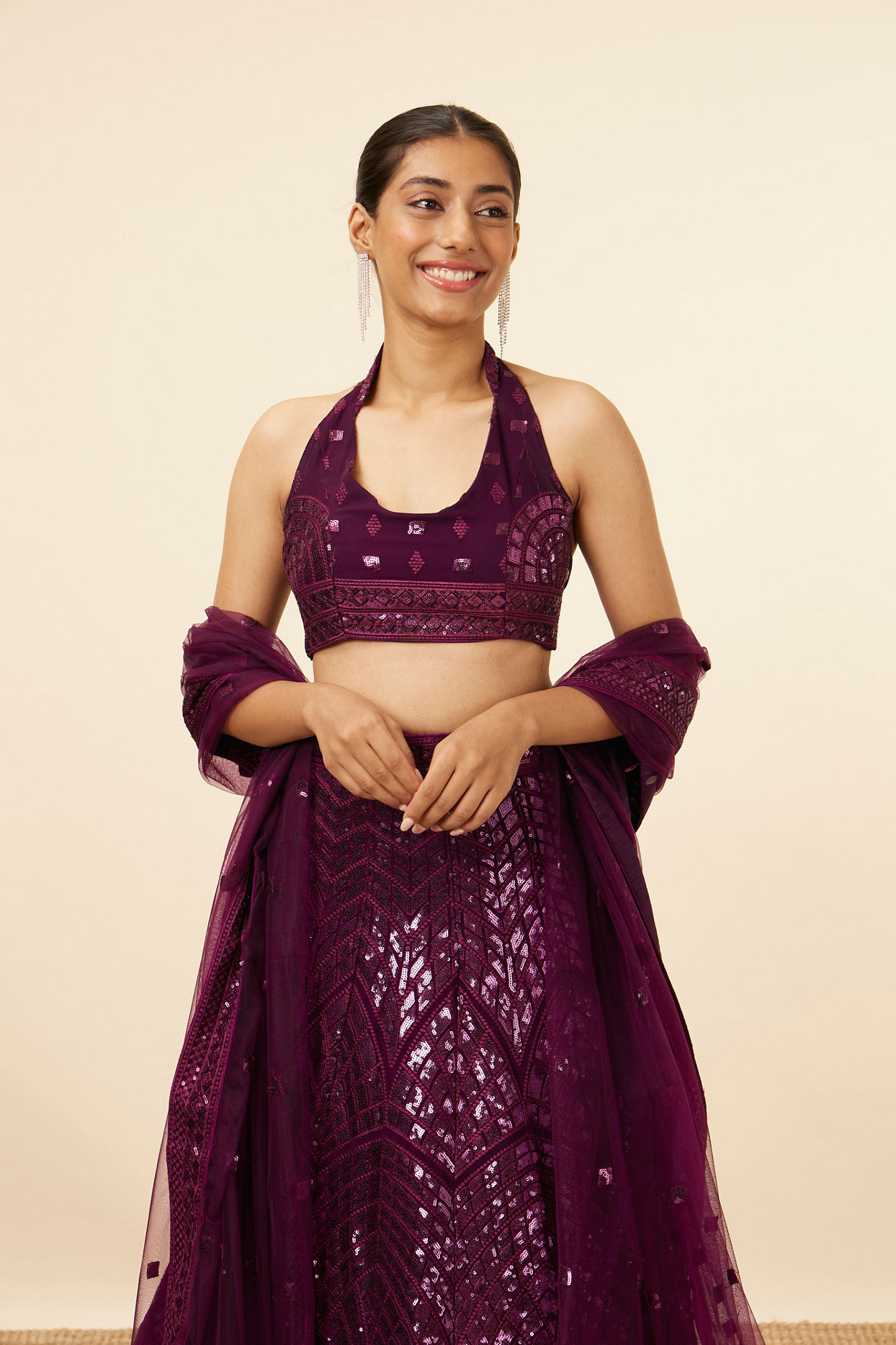 alt message - Mohey Women Wine Sequined Cocktail Lehenga image number 1