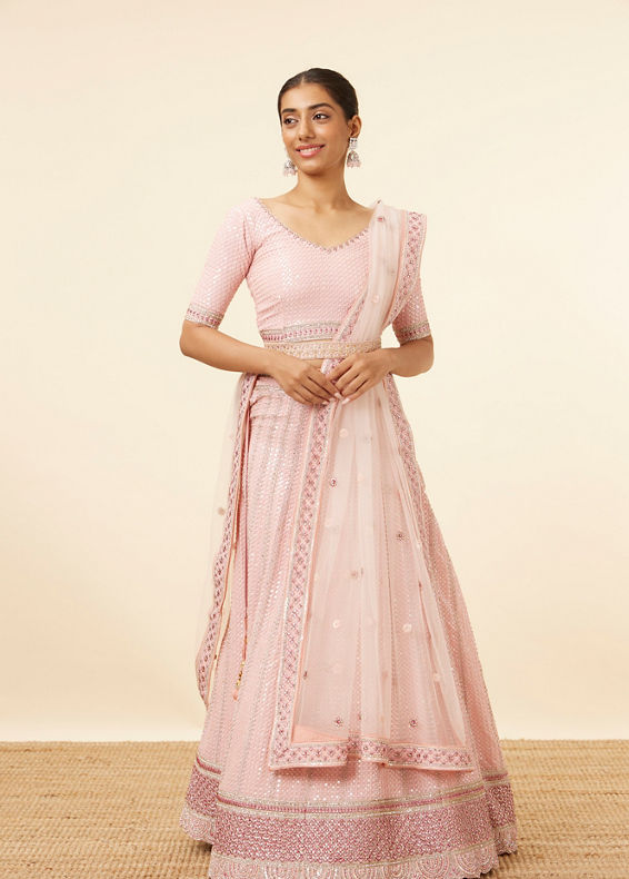 Mohey Women Pink Sequined Lehenga with Zari Work