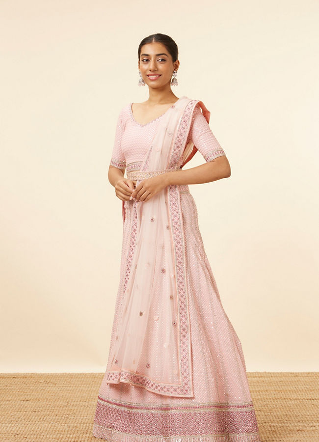 Mohey Women Pink Sequined Lehenga with Zari Work