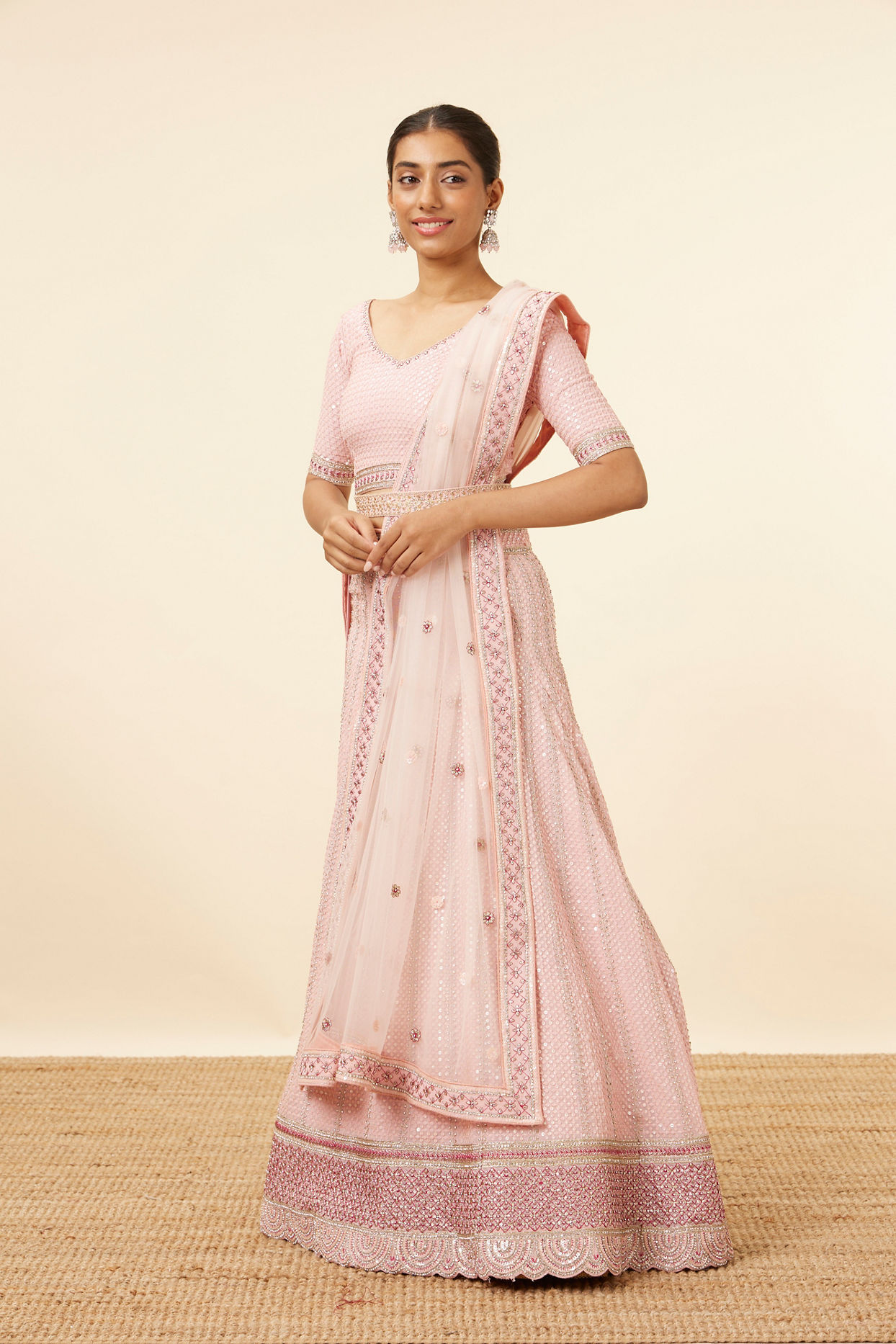 Mohey Women Pink Sequined Lehenga with Zari Work