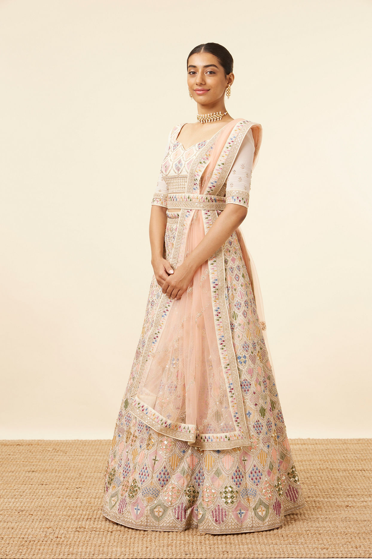 Mohey Women Dark Cream Multi colored Lehenga