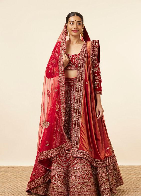 Mohey Women Berry Red Embroidered Bridal Lehenga